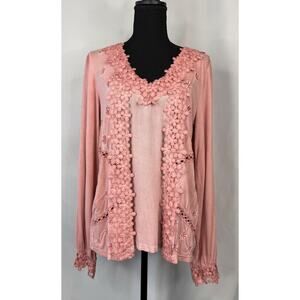 POL Womens Floral Applique Embroidered Top Size M Romantic Cottagecore Boho Cozy